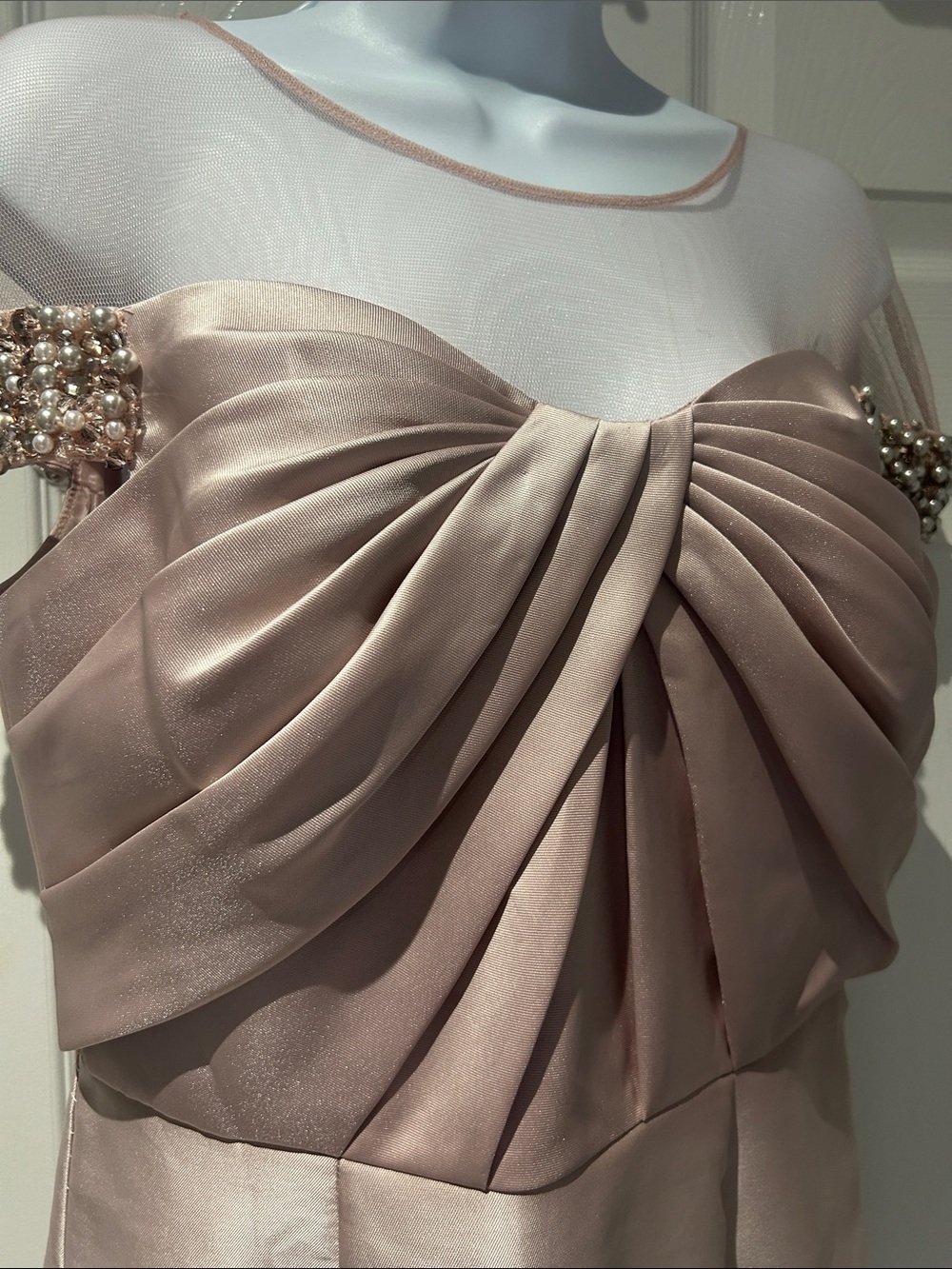 Adriana Papell Blush Pink Dress with Beaded Off-Shoulder Detail